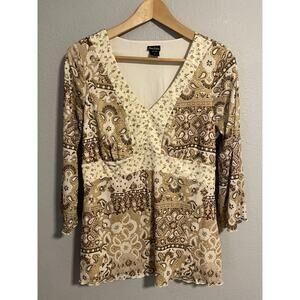 Vintage Womens Top Large Beige Floral Stretch Lined 3/4 Sleeve Fairy Boho Y2K